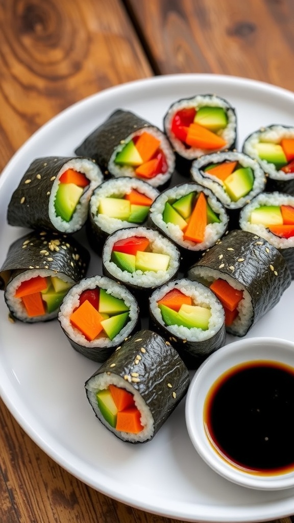 Colorful quinoa sushi rolls with avocado, carrot, and bell pepper, garnished with sesame seeds, served with soy sauce.